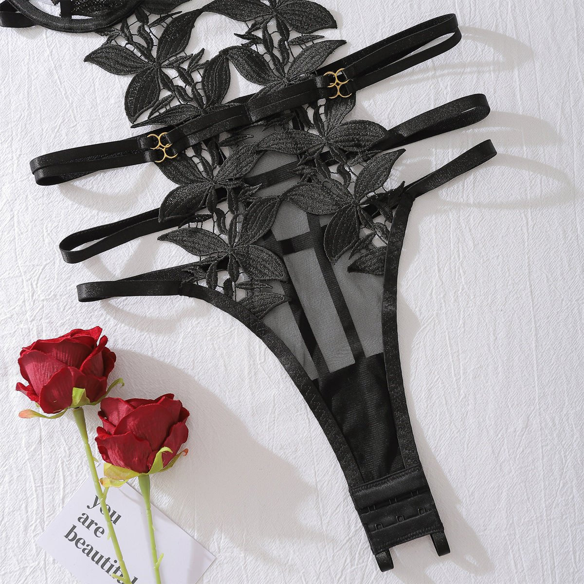 Heavy craftsmanship chain bracelet decorative flower embroidery hollow one - piece body sculpting sexy suit - Negative Apparel