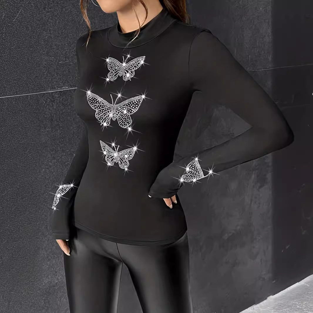 Heavy Industry Butterfly Hot Diamond Long Sleeve Bottom T-Shirt Top Women - Negative Apparel