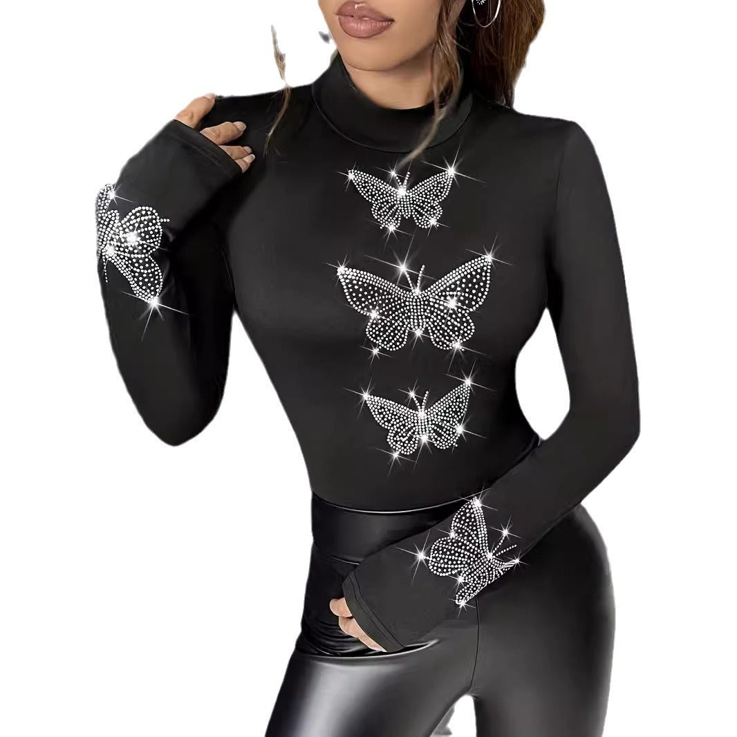 Heavy Industry Butterfly Hot Diamond Long Sleeve Bottom T-Shirt Top Women - Negative Apparel