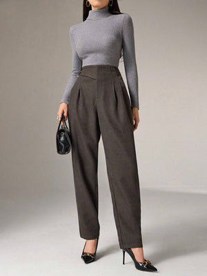 Heiryn Women's Casual High Waist Fold Pleated Skinny Pants - Negative Apparel