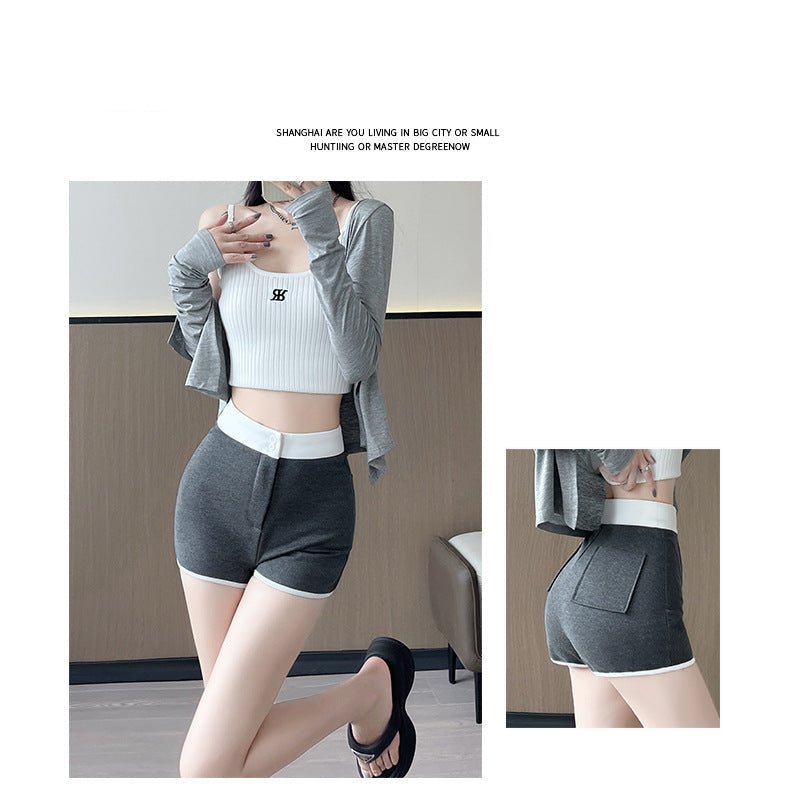 hemming contrasting shorts women's summer women's clothing 24 new casual sports wide - leg pants hip - wrapped yoga slim - fit three - point pants - Negative Apparel