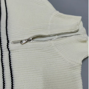 High collar striped color matching long sleeve zipper pullover knitted sweater for women - Negative Apparel