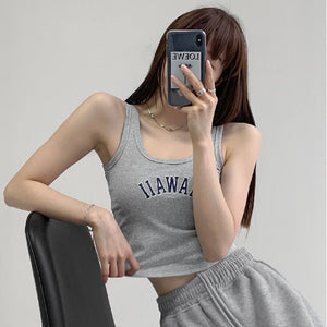 High elastic cotton 2025 vest bottom letter embroidery short open button sleeveless suspender waist women's summer sports bottom tide - Negative Apparel