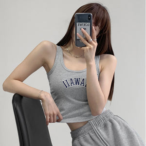 High elastic cotton 2025 vest bottom letter embroidery short open button sleeveless suspender waist women's summer sports bottom tide - Negative Apparel