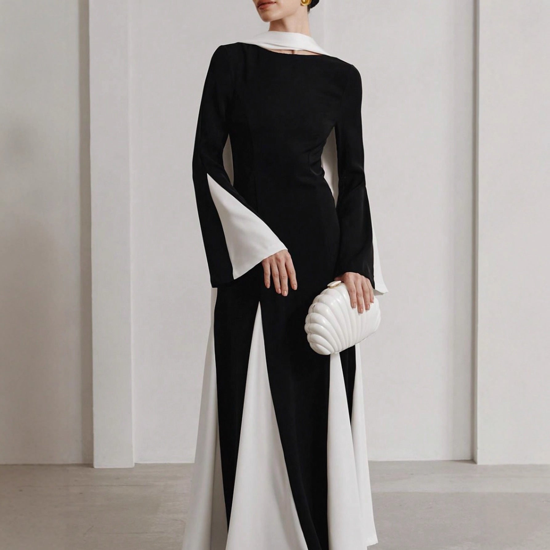 The Artful Court | Geometric Splicing High-Waist A-Line Long Dress