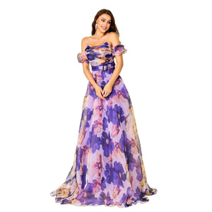 High - end wrapped chest one - shoulder neckline slim waist printing banquet big swing evening dress for women - Negative Apparel