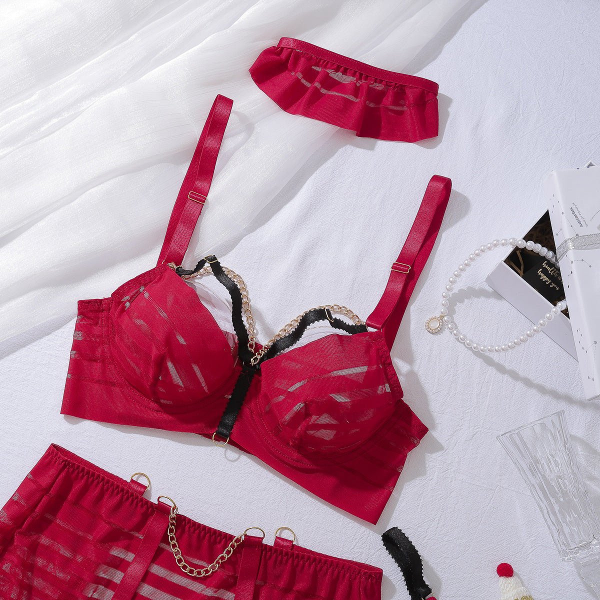 high - quality metal chain decorative striped perspective mesh, body sculpting sexy underwear split five - piece set - Negative Apparel