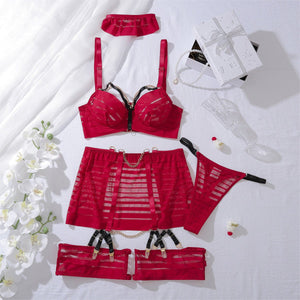 high - quality metal chain decorative striped perspective mesh, body sculpting sexy underwear split five - piece set - Negative Apparel