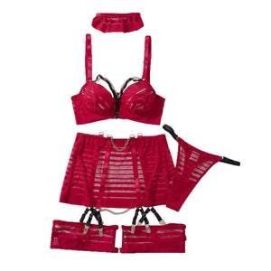high - quality metal chain decorative striped perspective mesh, body sculpting sexy underwear split five - piece set - Negative Apparel