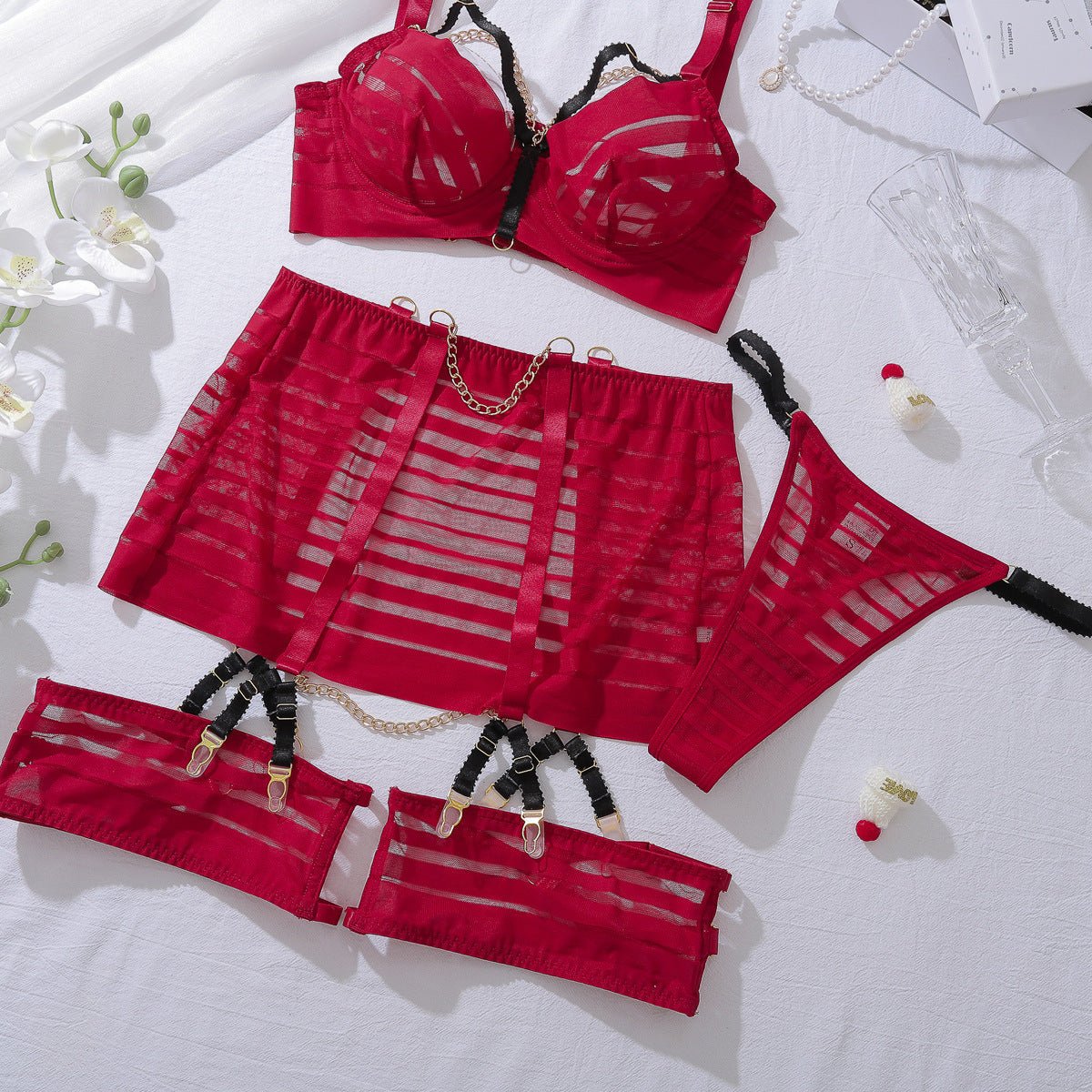 high - quality metal chain decorative striped perspective mesh, body sculpting sexy underwear split five - piece set - Negative Apparel