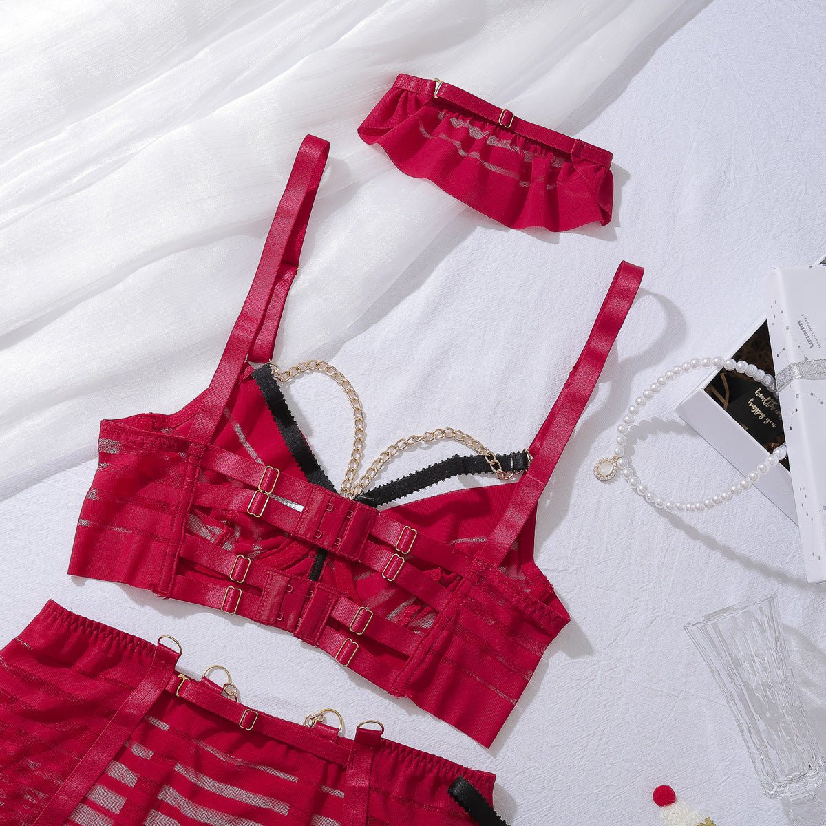 high - quality metal chain decorative striped perspective mesh, body sculpting sexy underwear split five - piece set - Negative Apparel