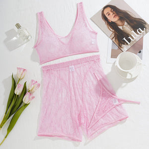 High - quality pink lace see - through casual vest shorts body sculpting sexy three - piece set - Negative Apparel