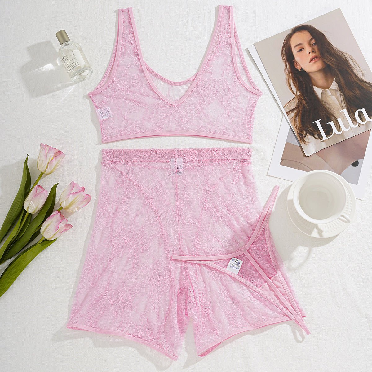 High - quality pink lace see - through casual vest shorts body sculpting sexy three - piece set - Negative Apparel