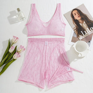High - quality pink lace see - through casual vest shorts body sculpting sexy three - piece set - Negative Apparel