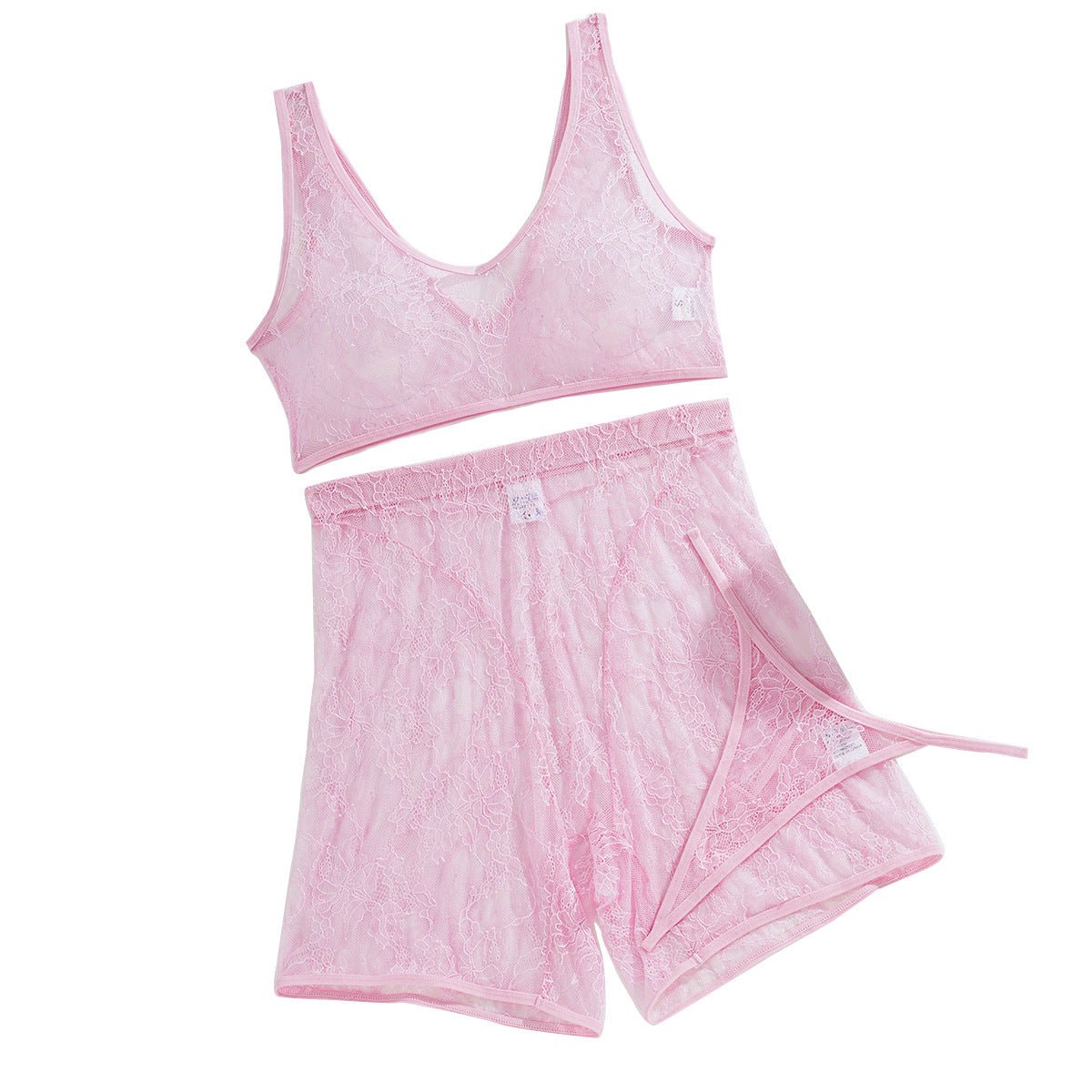 High - quality pink lace see - through casual vest shorts body sculpting sexy three - piece set - Negative Apparel