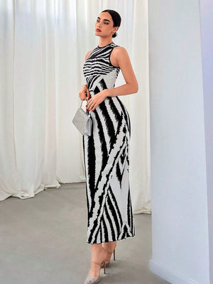 High Street Zebra Print Sleeveless Dress For Commuting - Negative Apparel
