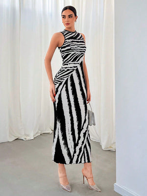 High Street Zebra Print Sleeveless Dress For Commuting - Negative Apparel