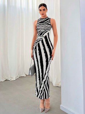 High Street Zebra Print Sleeveless Dress For Commuting - Negative Apparel