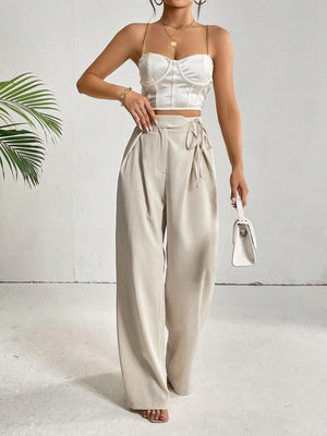 High Waist Plicated Detail Knot Side Wide Leg Pants - Negative Apparel
