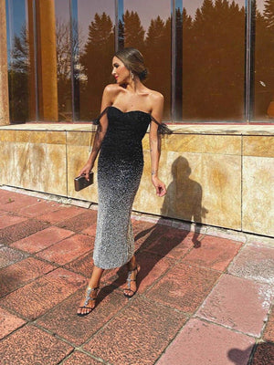 High - waisted V - neck sequined evening dress with raglan sleeves, long dress for banquets, parties, and cocktail parties FD - Negative Apparel