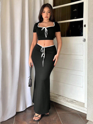 Holiday Bow - Tie Strap Short Sleeve Top & Fish Tail Skirt Outfit - Negative Apparel