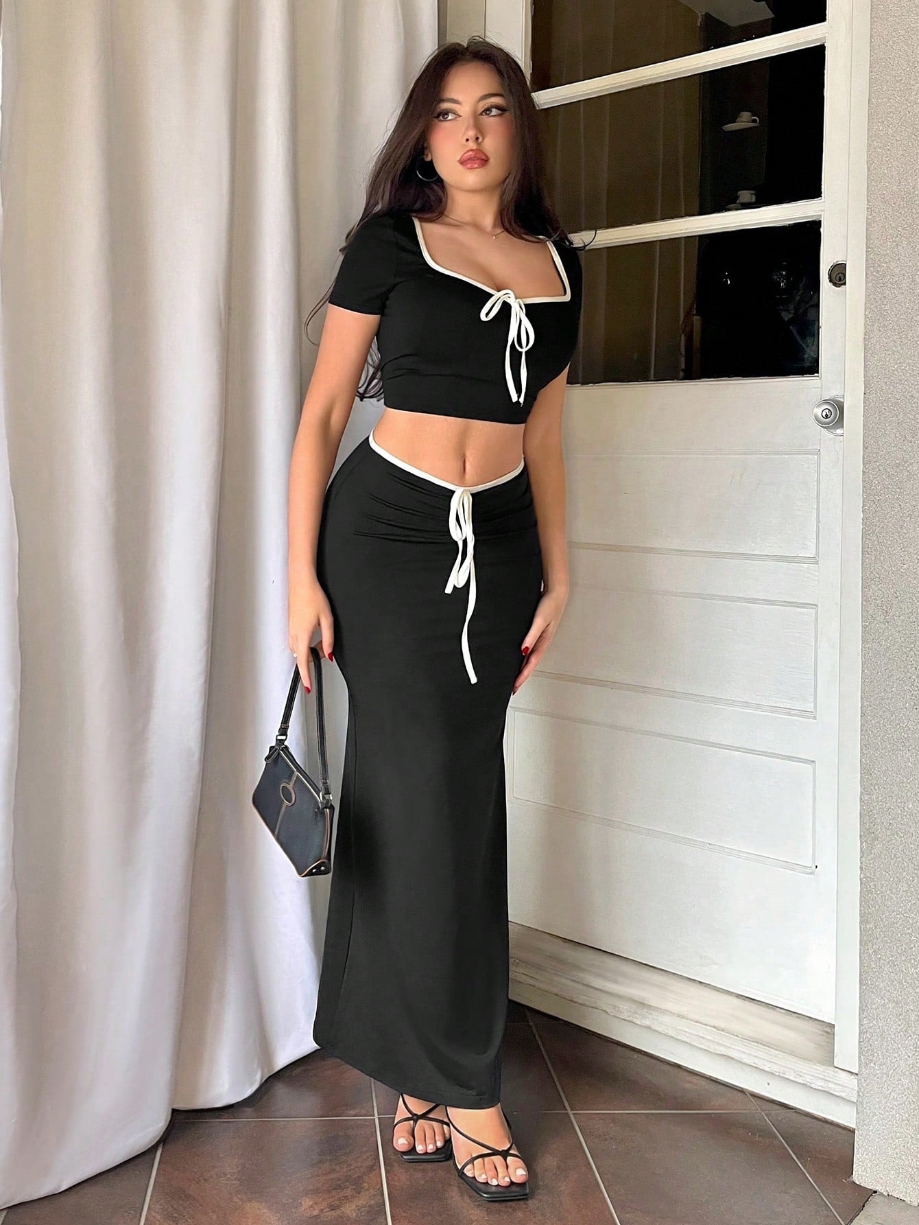 Holiday Bow - Tie Strap Short Sleeve Top & Fish Tail Skirt Outfit - Negative Apparel