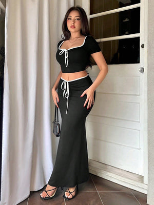 Holiday Bow - Tie Strap Short Sleeve Top & Fish Tail Skirt Outfit - Negative Apparel