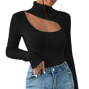 Hollow high collar long sleeve slim winter top - Negative Apparel