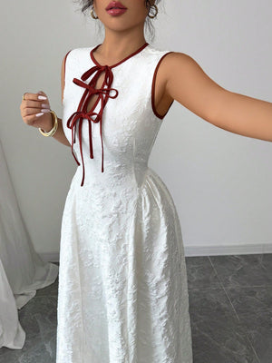 Hollow Out Neckline Contrast Color Waist Tie Design Dress - Negative Apparel