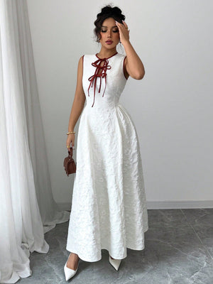 Hollow Out Neckline Contrast Color Waist Tie Design Dress - Negative Apparel