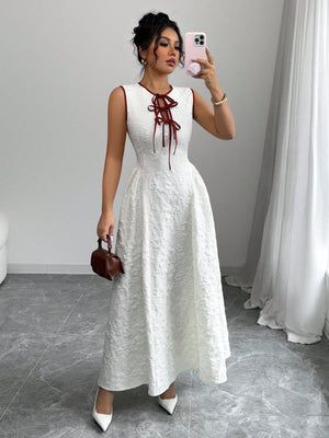 Hollow Out Neckline Contrast Color Waist Tie Design Dress - Negative Apparel