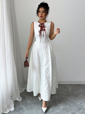 Hollow Out Neckline Contrast Color Waist Tie Design Dress - Negative Apparel