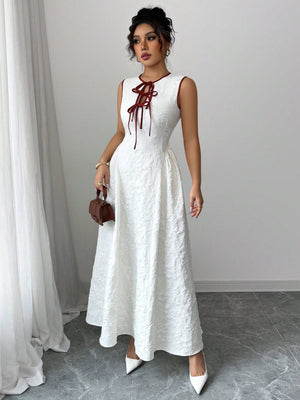 Hollow Out Neckline Contrast Color Waist Tie Design Dress - Negative Apparel