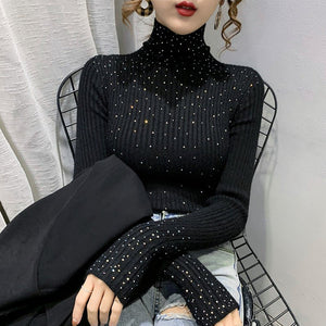 Hot diamonds thickened two hairs piled collar diamond - encrusted sweater women's knitted bottoming shirt with autumn and winter foreign turtleneck top - Negative Apparel