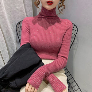 Hot diamonds thickened two hairs piled collar diamond - encrusted sweater women's knitted bottoming shirt with autumn and winter foreign turtleneck top - Negative Apparel