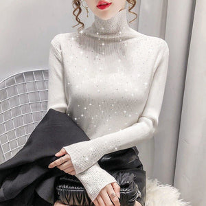 Hot diamonds thickened two hairs piled collar diamond - encrusted sweater women's knitted bottoming shirt with autumn and winter foreign turtleneck top - Negative Apparel