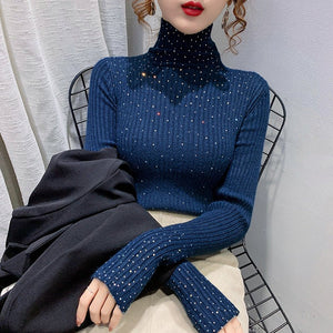 Hot diamonds thickened two hairs piled collar diamond - encrusted sweater women's knitted bottoming shirt with autumn and winter foreign turtleneck top - Negative Apparel