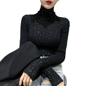 Hot diamonds thickened two hairs piled collar diamond - encrusted sweater women's knitted bottoming shirt with autumn and winter foreign turtleneck top - Negative Apparel