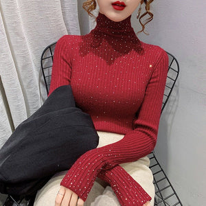 Hot diamonds thickened two hairs piled collar diamond - encrusted sweater women's knitted bottoming shirt with autumn and winter foreign turtleneck top - Negative Apparel