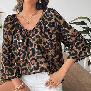 Hot women's clothing 2025 spring and summer fashion an and n shirt leopard print half - sleeved V - neck shirt pullover top - Negative Apparel