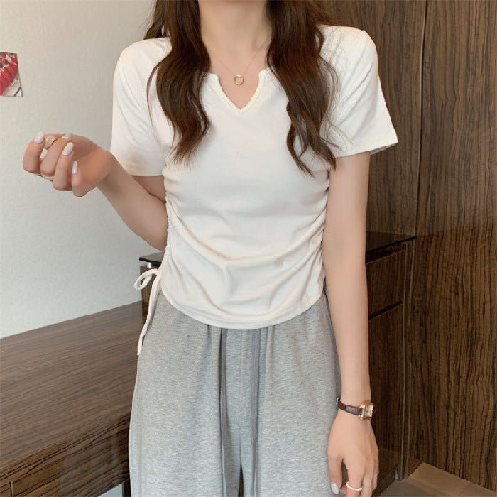 Human cotton design sense V - neck drawstring slim pure desire short - sleeved T-shirt women's clothing 2025 summer new solid color top tide - Negative Apparel