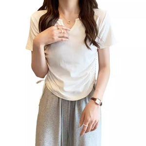Human cotton design sense V - neck drawstring slim pure desire short - sleeved T-shirt women's clothing 2025 summer new solid color top tide - Negative Apparel