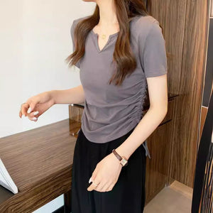 Human cotton design sense V - neck drawstring slim pure desire short - sleeved T-shirt women's clothing 2025 summer new solid color top tide - Negative Apparel