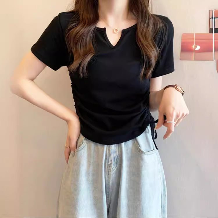 Human cotton design sense V - neck drawstring slim pure desire short - sleeved T-shirt women's clothing 2025 summer new solid color top tide - Negative Apparel