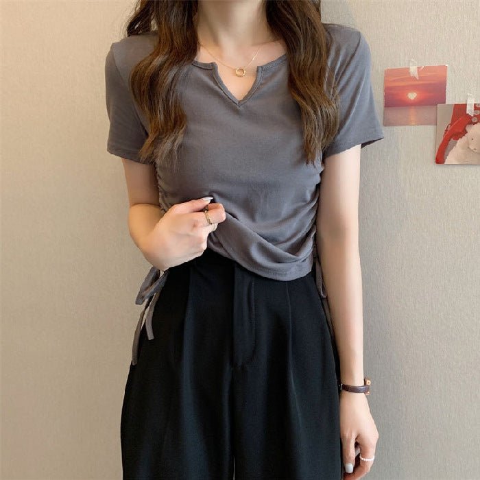 Human cotton design sense V - neck drawstring slim pure desire short - sleeved T-shirt women's clothing 2025 summer new solid color top tide - Negative Apparel