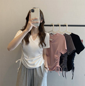 Human cotton design sense V - neck drawstring slim pure desire short - sleeved T-shirt women's clothing 2025 summer new solid color top tide - Negative Apparel