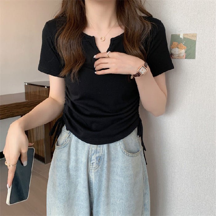 Human cotton design sense V - neck drawstring slim pure desire short - sleeved T-shirt women's clothing 2025 summer new solid color top tide - Negative Apparel