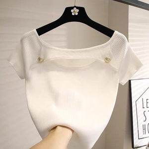 Ice cool silk knitted t-shirt women's summer new short - sleeved Korean version niche design feeling hollow slim - fitting pure desire short top - Negative Apparel