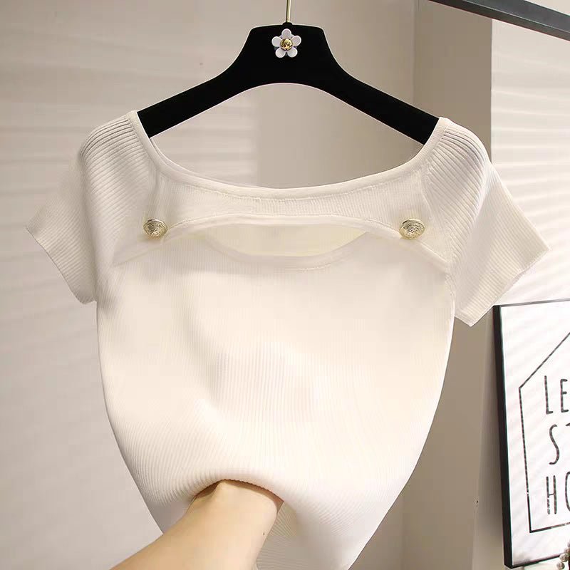 Ice cool silk knitted t-shirt women's summer new short - sleeved Korean version niche design feeling hollow slim - fitting pure desire short top - Negative Apparel