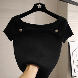 Ice cool silk knitted t-shirt women's summer new short - sleeved Korean version niche design feeling hollow slim - fitting pure desire short top - Negative Apparel